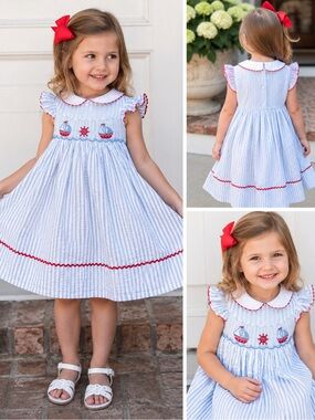 Shrimp & Grits Kids Sailboat Smocked Seersucker Dress Blue White 4T Nautical